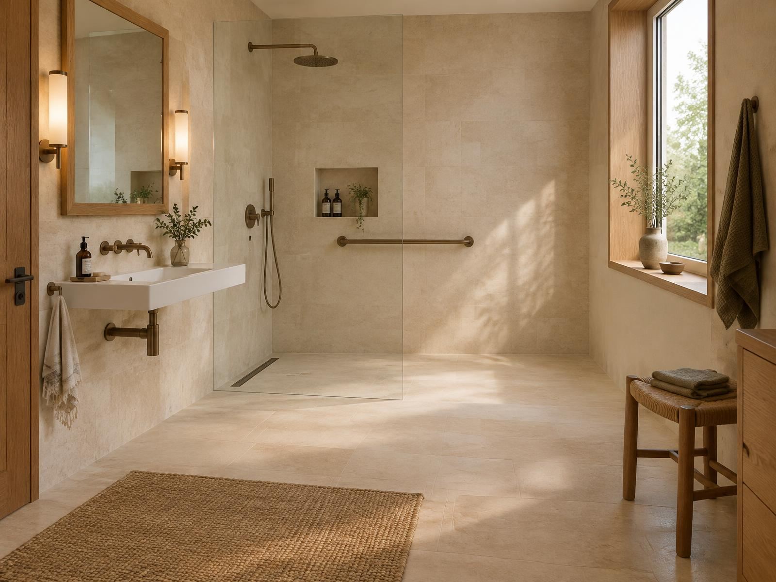 Wohnliches, barrierearmes Bad mit bodengleicher Dusche, Haltegriff und unterfahrbarem Waschtisch