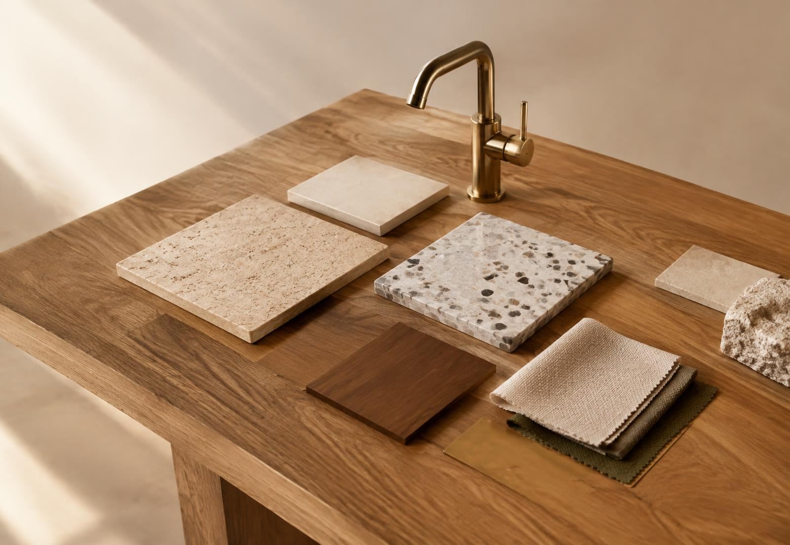 Materialmuster aus Stein, Terrazzo, Holz und Stoff mit Armatur auf einem Eichentisch